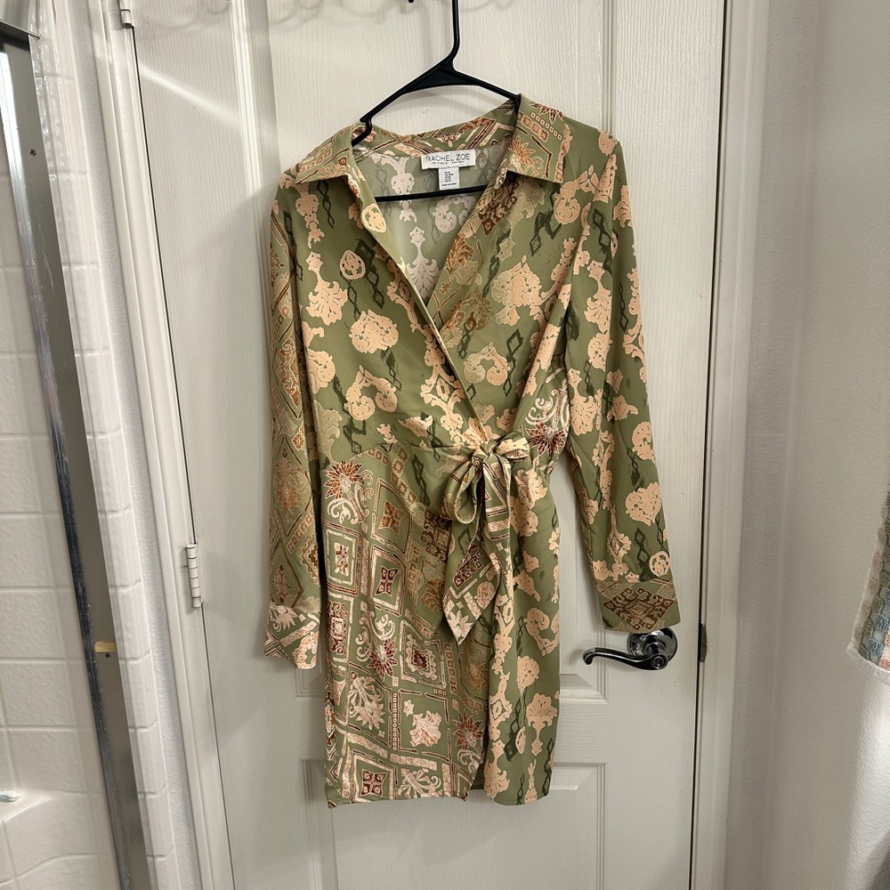 Rachel Zoe Olive and Beige Patterned Wrap Dress